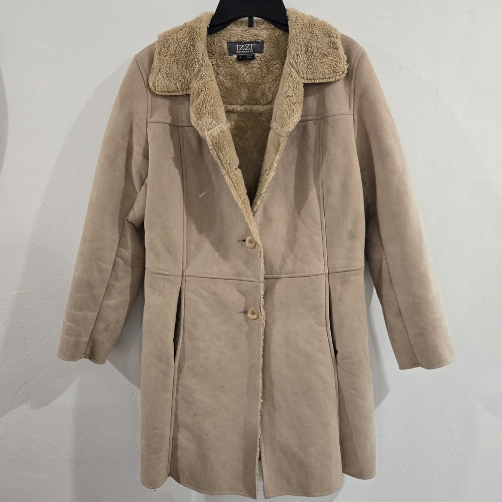 IZZI Outerwear Women's  Faux Suede Fur Trim Lined Small Coat Tan/Light Brown